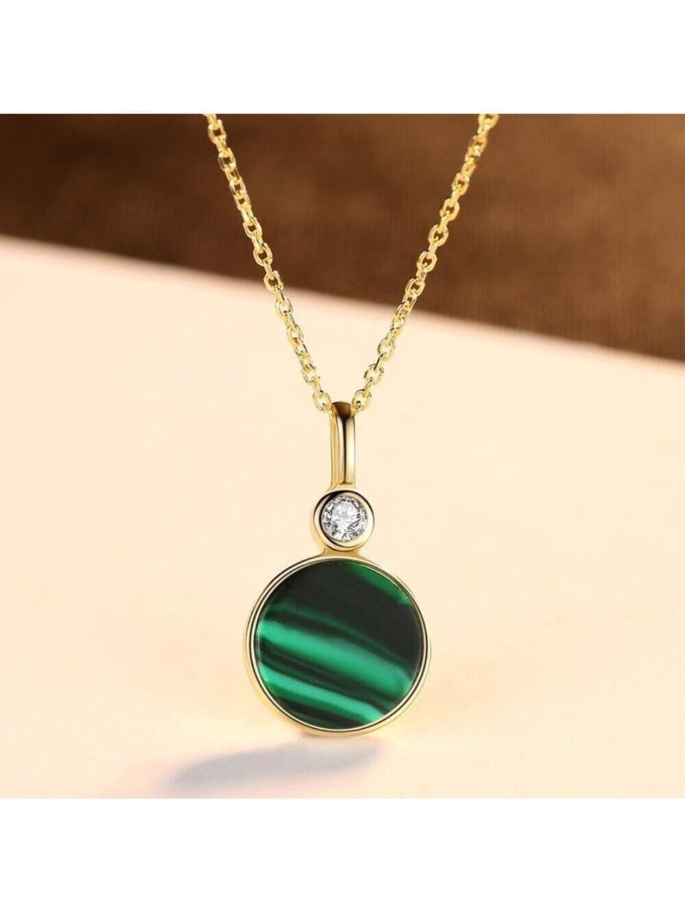 18KY Gold Plated over Sterling Silver Malachite and CZ Necklace - Picture 3 of 6